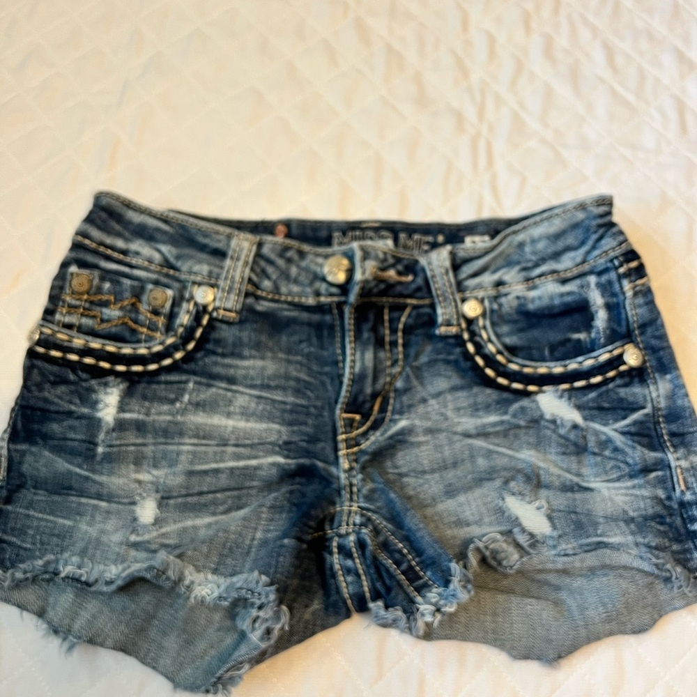Miss Me Dark Blue Distressed Jean Shorts